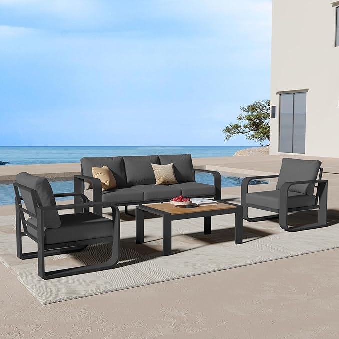 Aluminum Outdoor Patio Furniture Set, 4 Piece Oversized Patio Conversation Sets Widened Armrest & Ultra-Thick Cushions, Heavy Duty Modern Sectional Furniture for Backyard, Porch, Graphite