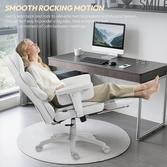 Dowinx Big and Tall Office Chair with Pocket Spring Cushion,High Back Computer Gaming Chairs with Adjustable Armrests,Executive Desk Chairs with Lumbar Support and Footrest,Fabric-White