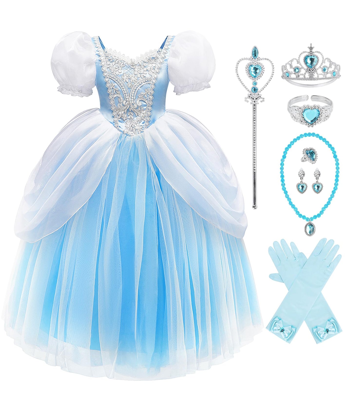MDYCW Princess Cinderella Halloween Costume with Accessories for Girls, Birthday Party Fairy Dress Up