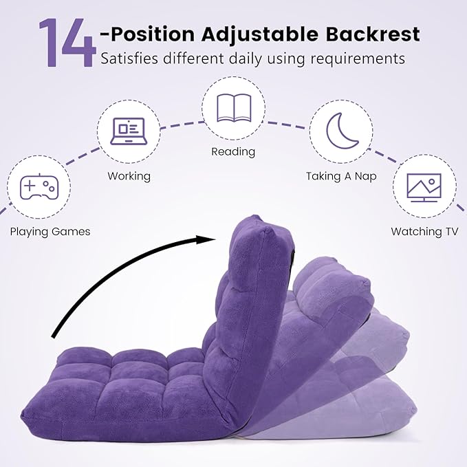 MAT EXPERT 14-Position Floor Chair, Floor Gaming Chair w/Soft Coral Fleece, Alloy Steel Frame, Padded Lazy Couch Recliner, Floor Chair with Back Support for Reading, Meditating, Playing Game (Violet)