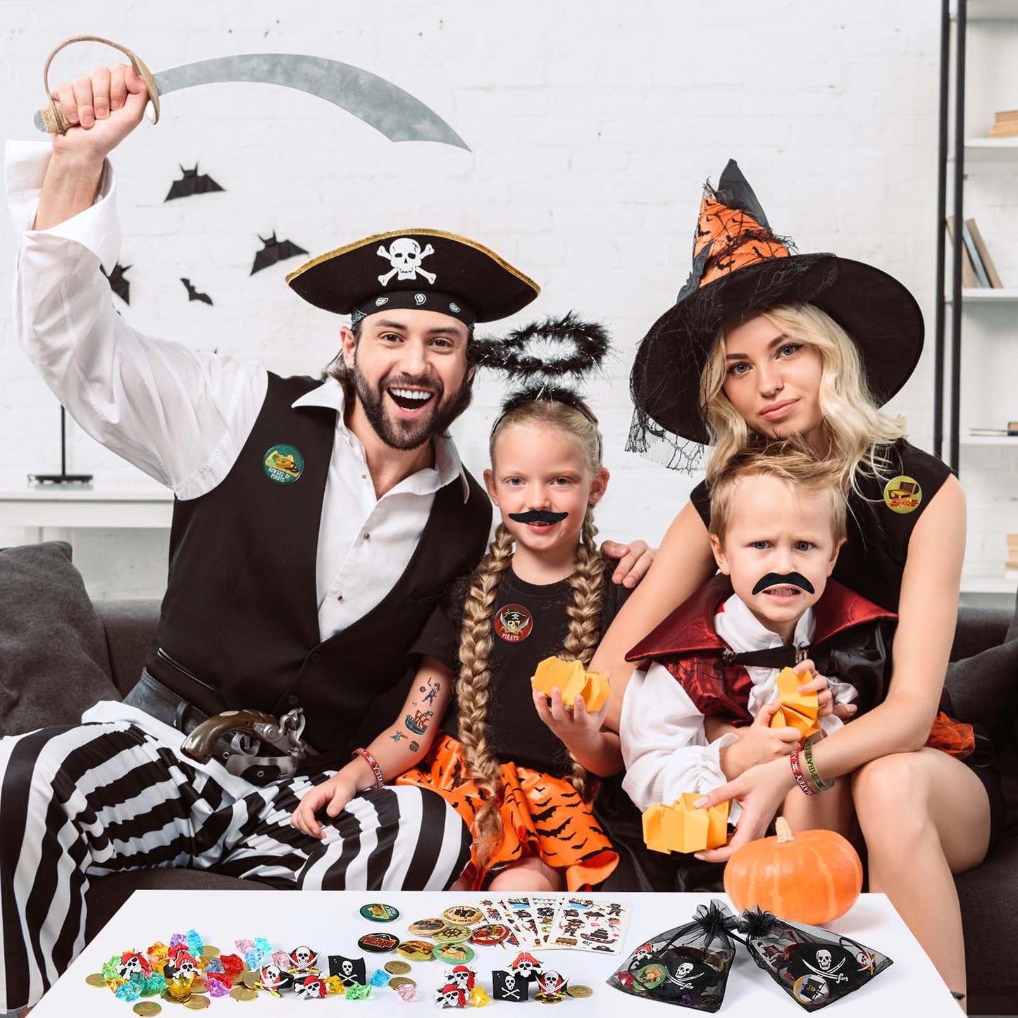 Harrycle 144 Pcs Pirate Party Favors Supplies Include Pirate Bracelet Nautical Tattoo Button Pin Eye Patch Gold Coin Gem Ring Mustache Organza Bag for Kids Boy Pirate Birthday Party Goodie Bag Fillers