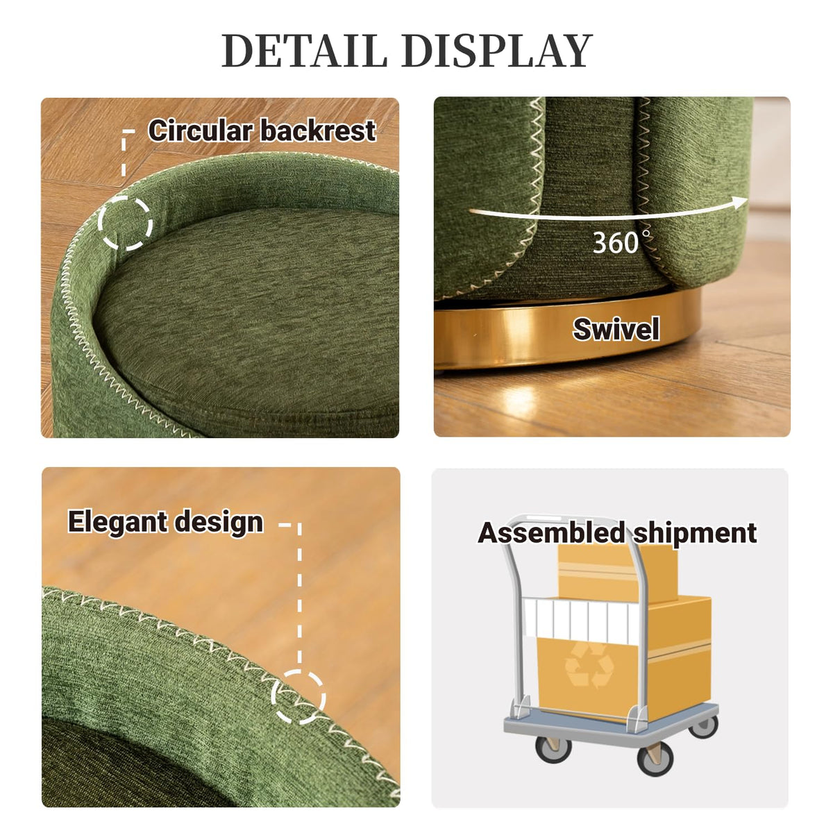 DRKAT Swivel Vanity Stool with Gold Base Comfy Vanity Chair Modern Round Stool for Makeup Vanity Ottoman Foot Rest for Bedroom livingroom (Green)