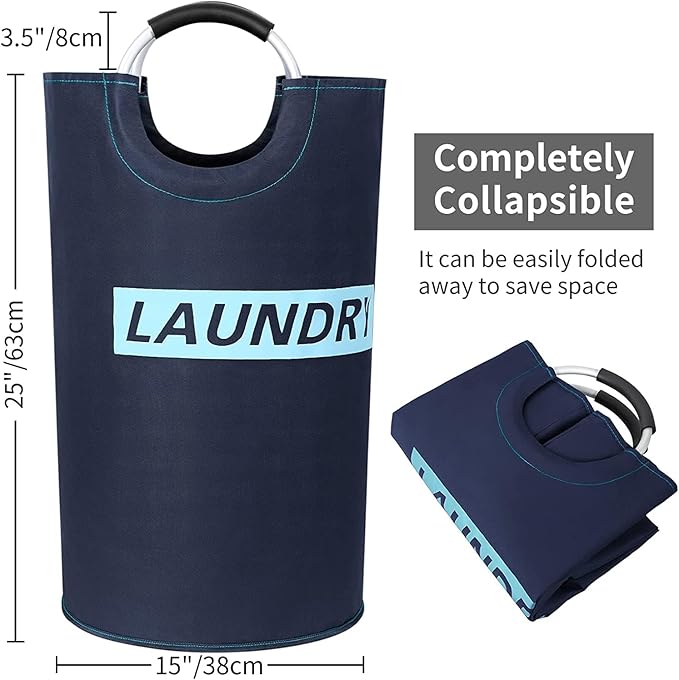 ZERO JET LAG 82L Large Laundry Basket Collapsible Fabric Hamper Tall Foldable Laundry Bag Handles Waterproof Washing Bin Clothes Travel Bathroom College Essentials Storage (Dark & Light Blue, L)