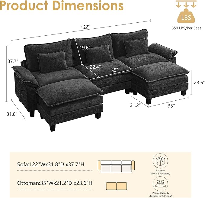 URRED Cloud Couch Modular Sectional Sofa, 122" Modern U Shaped Deep Seat Sofa with 2 Ottomans & Pillows, Ultra Comfy Chenille Couches for Living Room, Bedroom or Apartment, Black