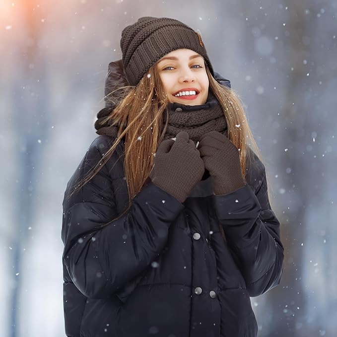 Aneco Winter Warm Sets Knitted Scarf Beanie Hat Touch Screen Gloves and Winter Ear Warmer for Men or Women