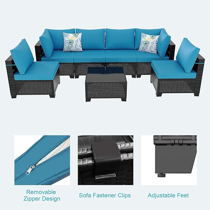 Ophelian 7 Pieces Patio Furniture Set, Outdoor Conversation Rattan Sofa，with Waterproof Cushion and Tempered Glass for Garden and Backyard, (Brown/Peacock Blue)