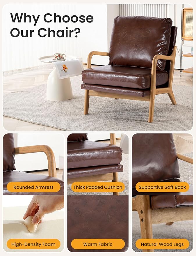 Mid Century Modern Accent Chairs for Living Room, 23” Wide Comfy Chair for Bedroom, Small Cozy Leather Reading Chairs for Adults, 108° Lounge Arm Chair Indoor with Detachable Cover, 5.5" Foam Cushion