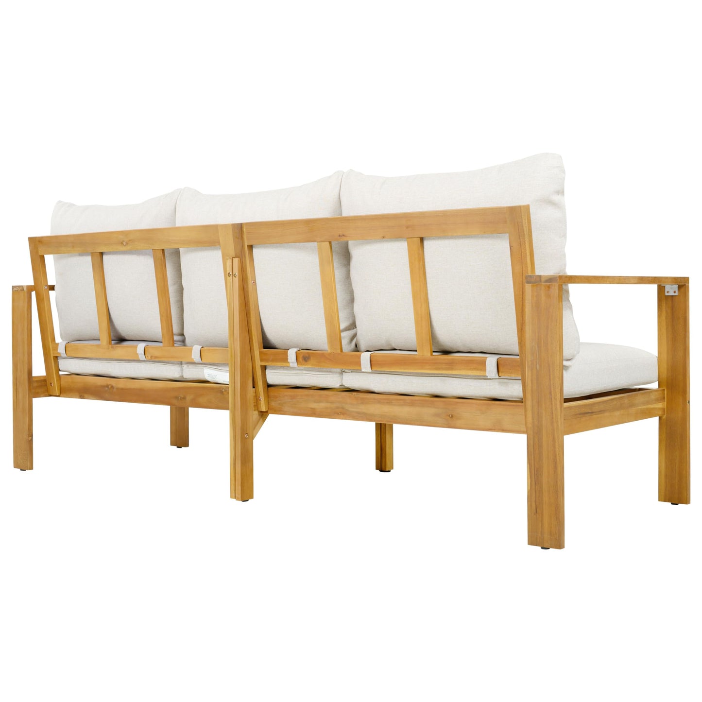 Christopher Knight Home Kayahs 3 Pieces Acacia Wood Furniture Set, Patio Conversation Sofa with Coffee Table and Ottoman, Outdoor 3-Seater Sofa Set for Backyard Balcony Gardern, Teak Finish+Beige