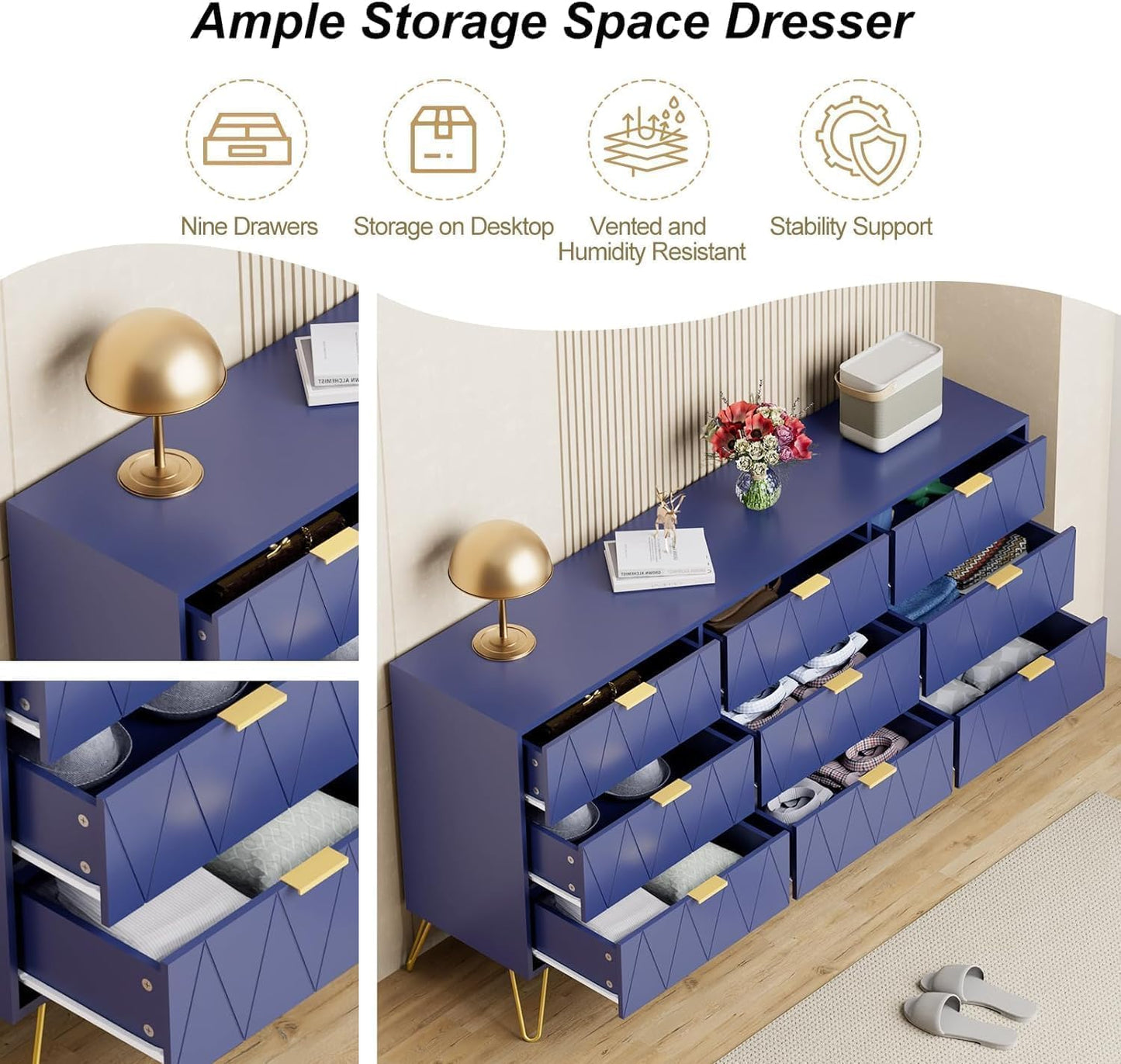 UEV Navy Blue Dresser for Bedroom,Modern 9 Drawer Chest with Gold Accents,Long Storage Dresser for TV Stand & Closet,Large Chest of Drawers for Bedroom