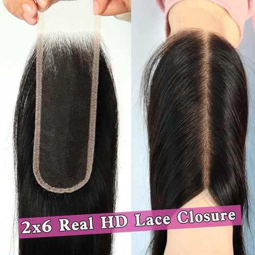 Mnador 2x6 SKINLIKE Real HD Lace Closure Deep Parting Straight Human Hair 0.095mm Ultra-thin hd lace Closure Tiny knots Brazilian Virgin Human Hair Closure pre plucked with Natural Hairline, 20inch