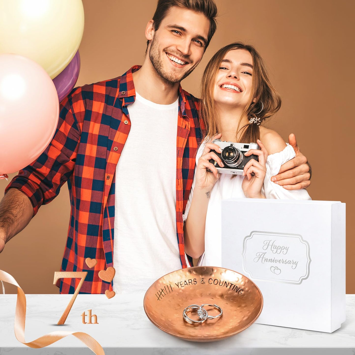 CEELGON 7th Wedding Anniversary Copper Gifts 4" Engraved Jewelry Tray Copper Decorative Dish for Couples Wedding Gift for Him or Her