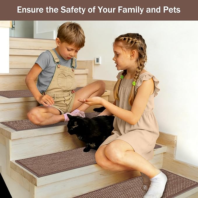 Non-Slip Stair Treads for Wooden Steps Indoor, 4 Pack 8x30in Carpet Stair Treads with Reusable Adhesive, Stair Runners for Wooden Steps Non Slip for Kids Elders and Pets,Machine Washable, Brown Weave