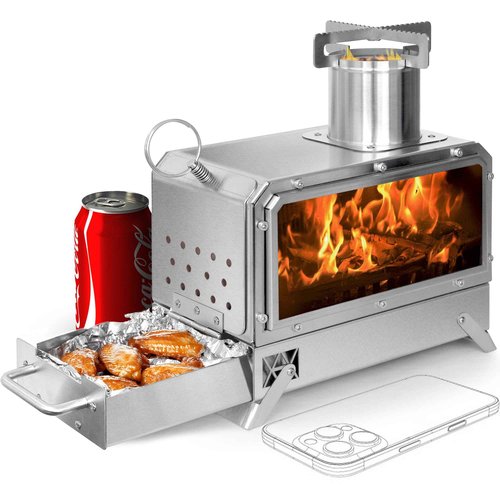 GoHawk Portable Wood Burning Camp Stove 9.5" Mini Heater Burner with Fireproof Glass Window 304 Stainless Steel Cooking Oven Grill Heating Tray for BackPacking Camping Tent Fishing Hiking Picnic BBQ