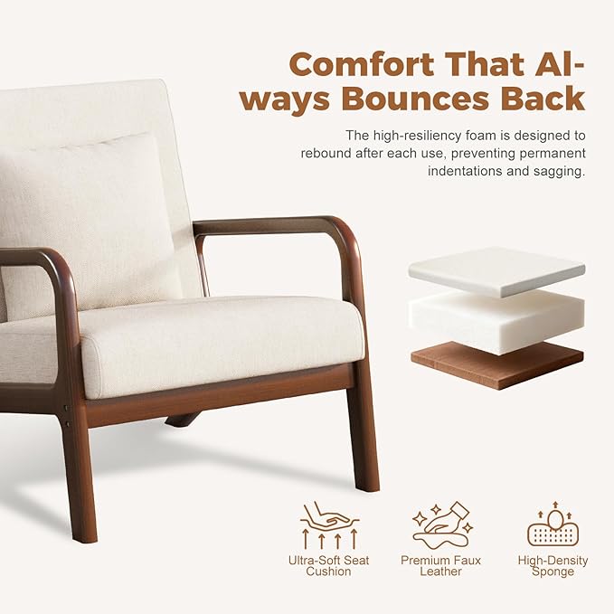 ELUCHANG Mid-Century Modern Chair,Accent Chair with Lumbar Pillow,Upholstered Armchair,Linen Fabric Comfy Reading Chair Beige, Linen, Set of 2