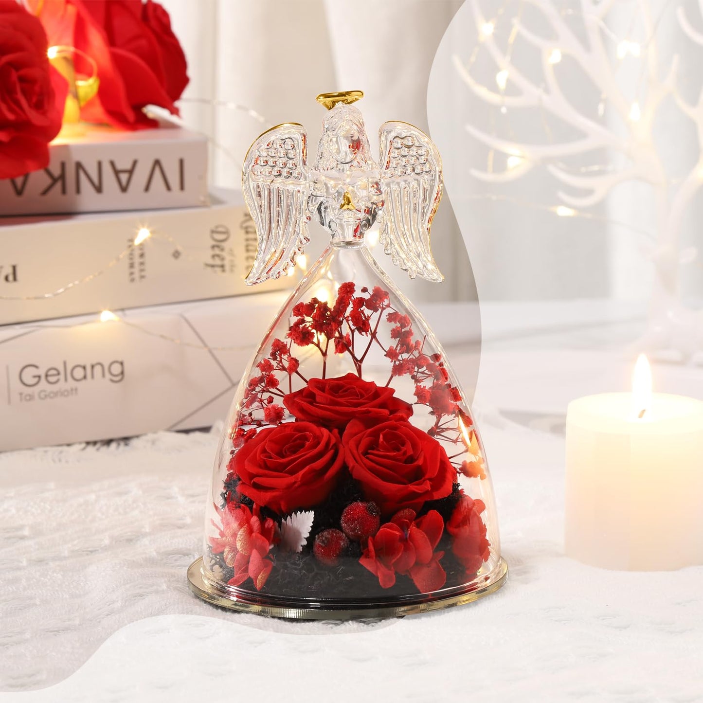 ANWEAO Mom Birthday Gifts,Flowers for Delivery Prime,Preserved Three Red Rose with Lights,Preserved Flowers Rose in Glass Angel Figurines,Angel Gifts for Women Grandma Mom Wife Sister Her Friend