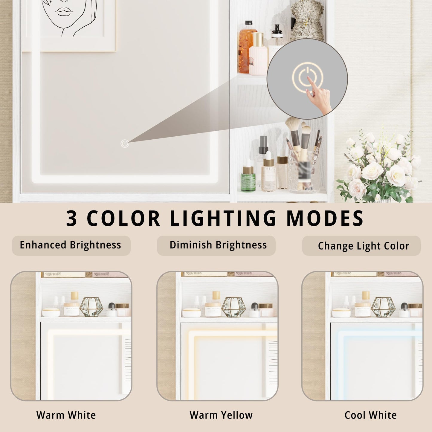 IRONCK Vanity Desk with Mirror and LED Lights, Jewelry Cabinet, Makeup Dressing Table Set with Drawers, Storage Shelves, for Bedroom, 65.3 H White