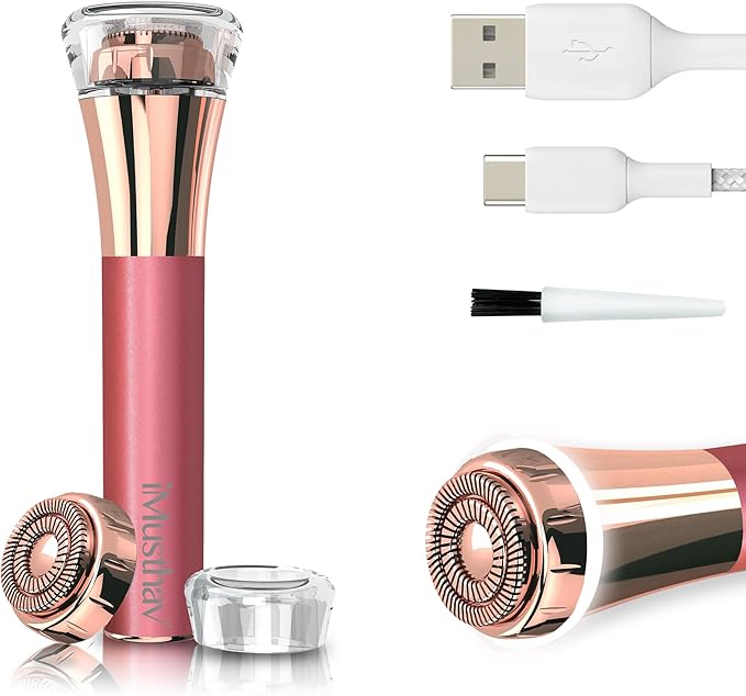 Facial Hair Remover for Women – Painless Flawless Electric Razor, Epilator & Trimmer 18K Gold-Plated Dual Ring Floating Head 20mm, USB Rechargeable, 360° LED Light for Face, Lip & Chin