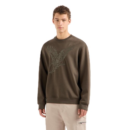 Armani Exchange Men's Embroidered Eagle Cotton Poly Interlock Fleece Sweatshirt, Black Olive, Medium