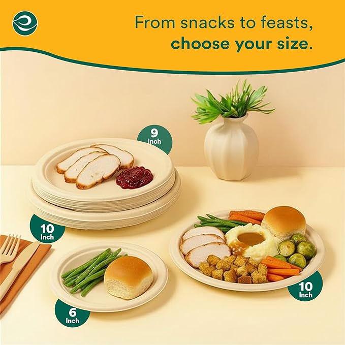 ECO SOUL Compostable 9 Inch(1000-Pack) Biodegradable Heavy-Duty Disposable Eco-Friendly Paper Plates for Christmas Dinner & Parties, Wedding, Event