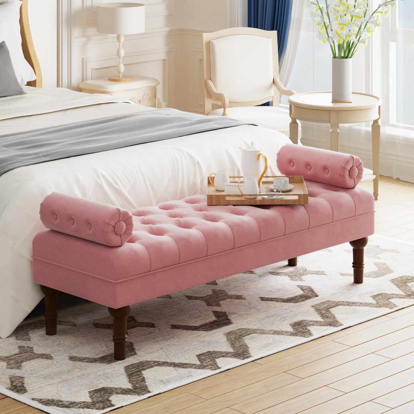 Batohom 60.2" End of Bed Bench,Large Size Bedroom Bench,Upholstered Window Bench with Button-Tufted,Entryway Bench,Storage Bench for Living Room(Pink)