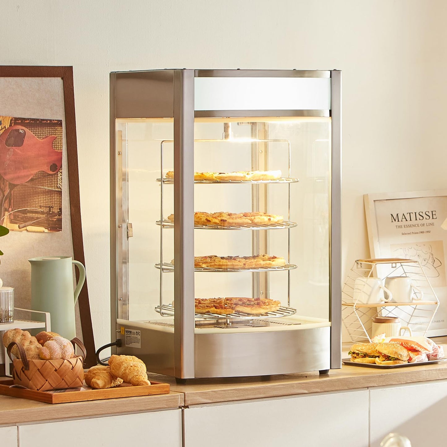 VEVOR Commercial Food Warmer Display for 14" Pizza, 4-Tier Pizza Warmer with Rotary Steam Heating, 86℉~185℉ Temperature Control and Temp Display, 25W Oven Light + Top LED for Pizza Shop, Restaurant