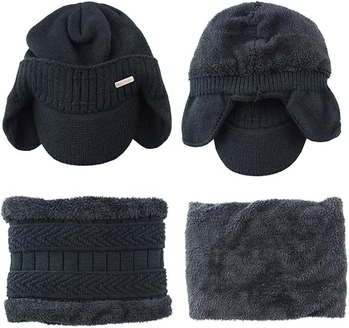 Winter Beanie w/Visor & Earflaps for Men Outdoor Fleece Hat Scarf Set