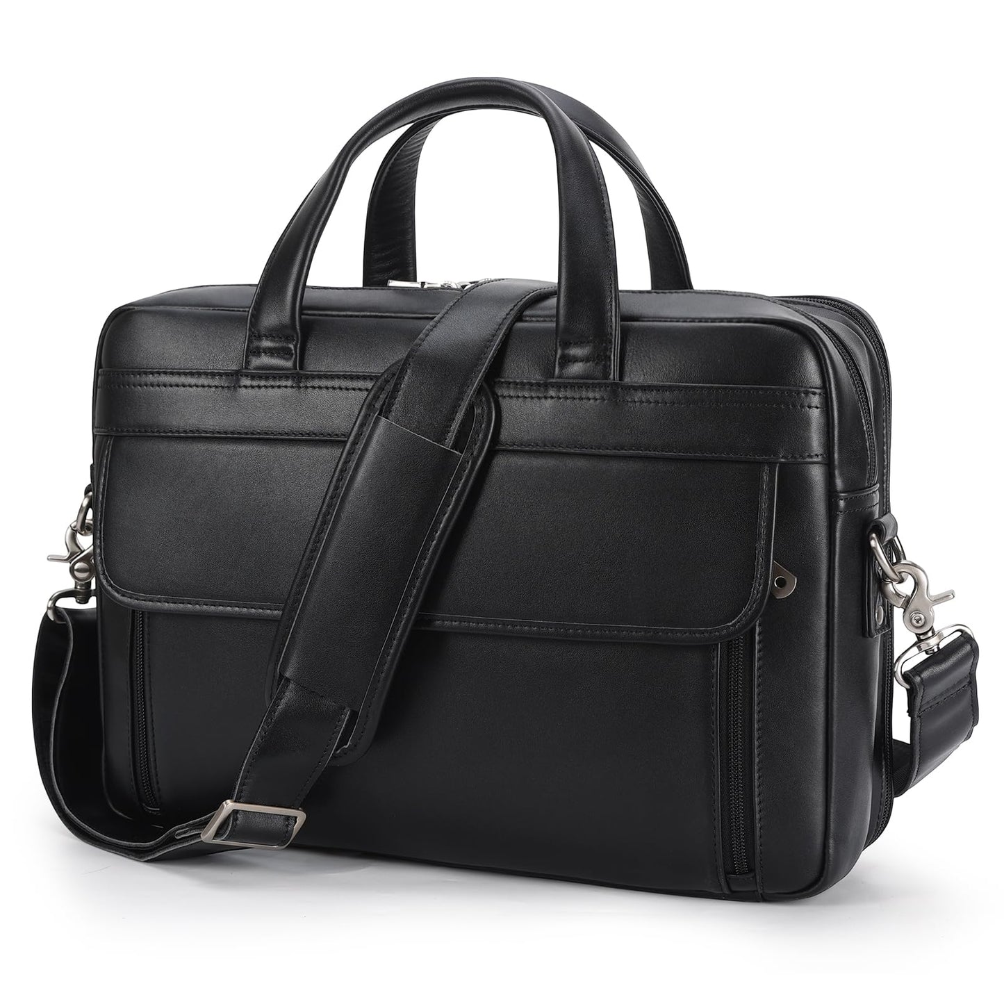 Masa Kawa Black Leather Briefcase for Men 15.6 Inch Laptop Computer Messenger Crossbody Shoulder Bag Business Travel Work Lawyer Teacher Brief Attache Case