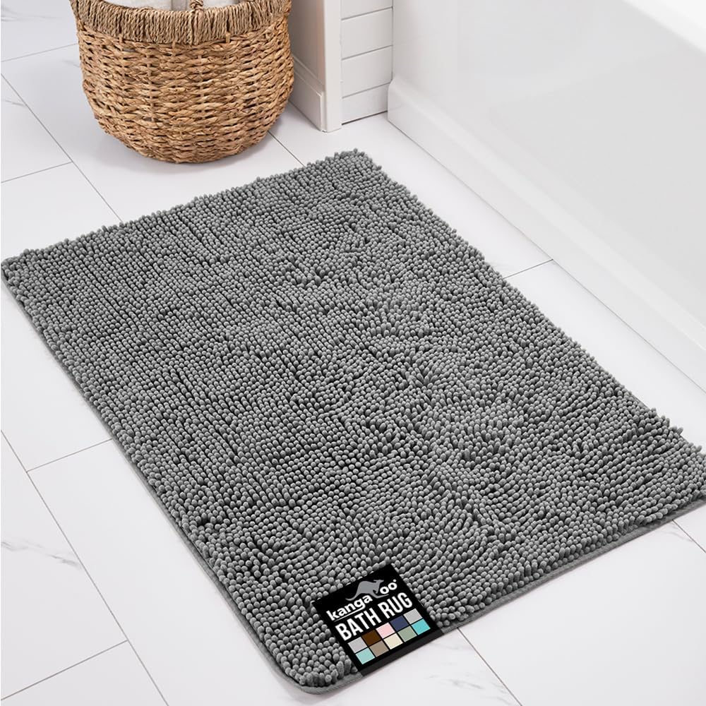 KANGAROO Bathroom Rugs, Chenille Soft Absorbent Bath Rug, Shaggy Shower Mat, Quick Dry Machine Wash Bathmat, Plush Carpet Mats for Tub, Bathtub and Room Home Decor Accessories, 30x20, Gray