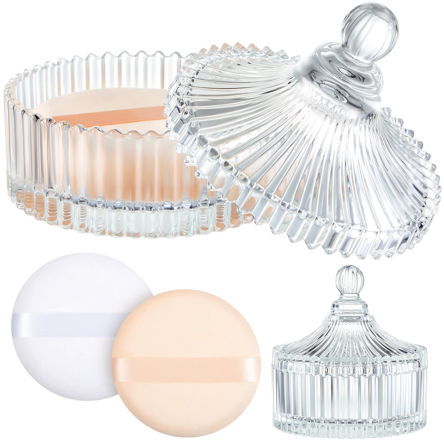Tioncy 3 Pcs Extra Large Body Powder Puff and Container 5.43'' Glass Body Container with 5.12'' Powder Puff Glass Jar for Women'