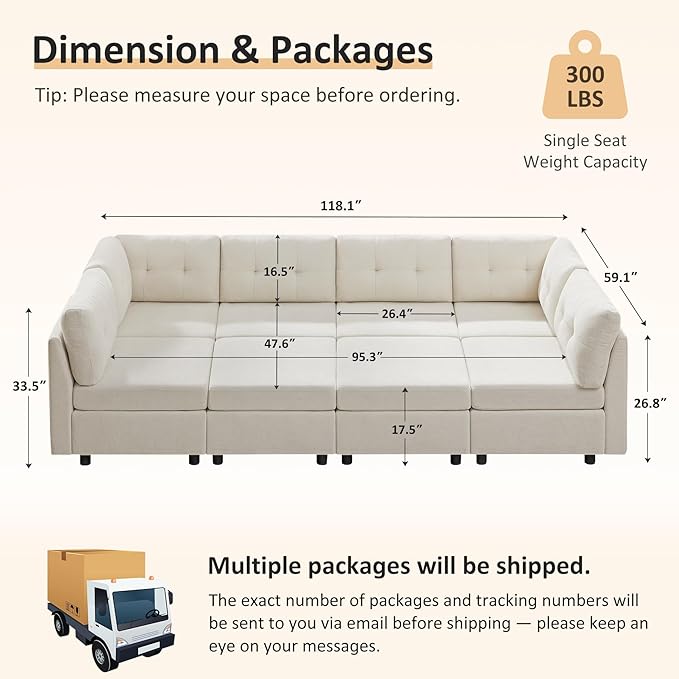 VANOMi 118" Modular Sectional Sofa with 2 Ottomans, 8 Seater Cloud Sectional Sofa Bed, Chenille Sofas & Couches for Living Room, Apartment, Office, White