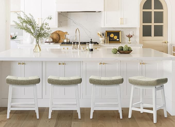 RNKSFX Counter Height Bar Stool Kitchen Counter Modern Backless Barstool with Upholstered Faux Leather Seat and Solid Wood Leg Farmhouse 24 inch Bar Chair, Light Grey + White, 1pc
