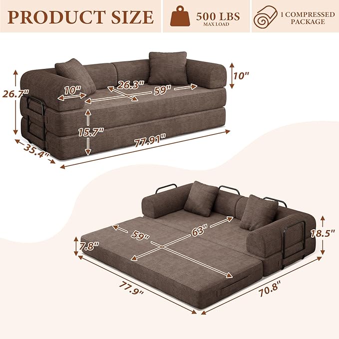 77" Convertible Sofa Bed, Modular Folding Futon Corduroy Floor Foam Compressed Loveseat Sleeper Sofa Couch, Pull Out Queen Size Couch Bed with 2 Pillows for Living Room Guest Room Studio, Brown