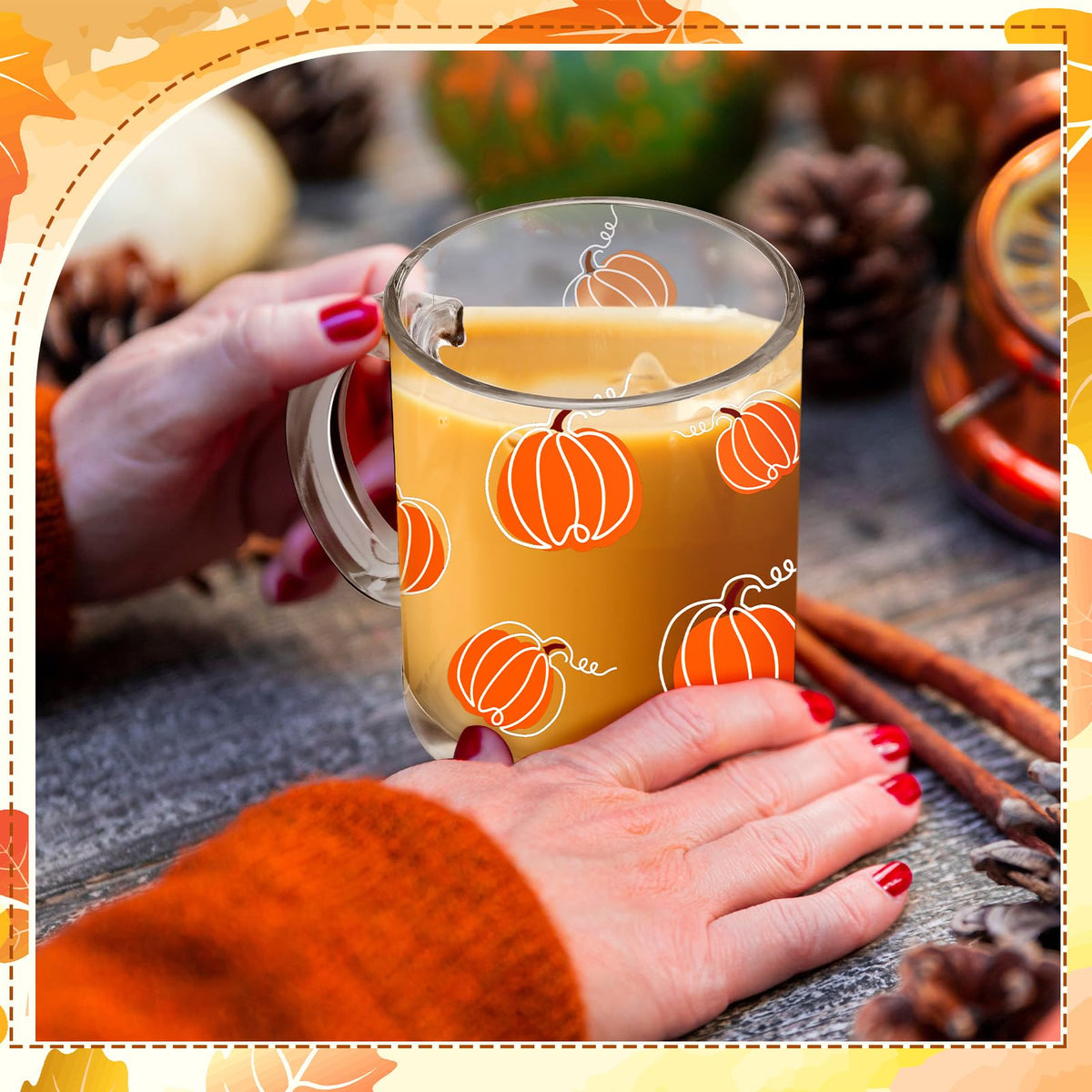 RimCereal 4 Pcs Thanksgiving Fall Glass Coffee Mugs with Handle Pumpkin Mug Cute Pumpkin Coffee Cups Autumn Harvest Fall Glass Cup for Drinking Beverage Tea Milk, 12oz