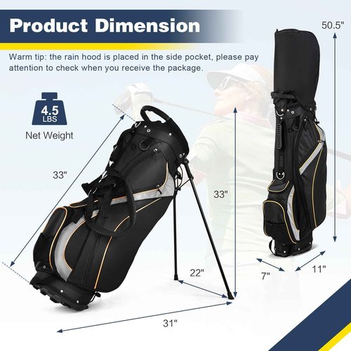 Goplus Golf Stand Bag, Golf Club Bag 8 Way Top Dividers, Cooler Bag, 7 Zippered Pockets, Adjustable Dual Strap, Rain Hood, 4.5LBS Lightweight Portable Golf Bag with Stand for Men Women