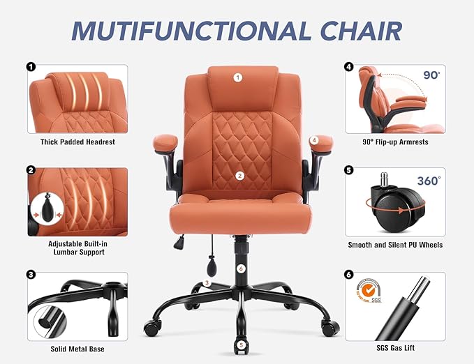 Office Chair with Adjustable Inflatable Lumbar Support,Leather Ergonomic Computer Desk Chair with Flip-up Arms,Adjustable Tilt Lock,Swivel Rolling Executive PC Chair for Work,Study,Meeting.Brown