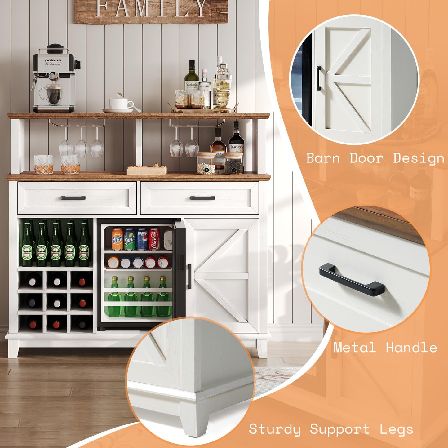 AMERLIFE 47" Farmhouse Coffee Bar Cabinet with 15" Refrigerator & Wine Rack & Glass Holder, Wine Cabinet with Storage Drawers & Open Shelves, Sideboard Buffet Cabinet for Dinging Room, Living Room