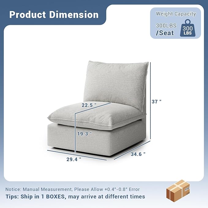 Lopzeho Cloud Middle Sectional, Waterproof Down Filled Sectional Sofa, High Backrest Modular Sectional Couches for Living Room, Modern Modular Couch with Removable Cover, Light Gray