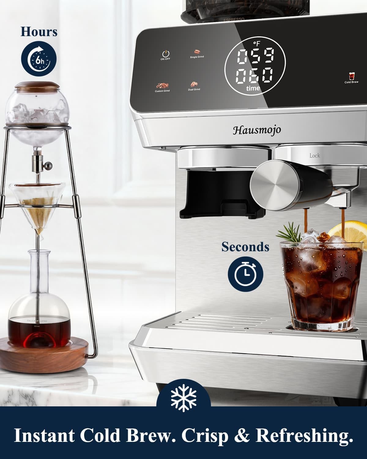 Hausmojo CM1620 Espresso Machine with Built-in Burr Grinder, 20 Bar Bean-to-Cup Espresso Maker with 44 Grind Settings & Steam Wand, Touchscreen Coffee Machine for Latte, Cappuccino & Iced Coffee