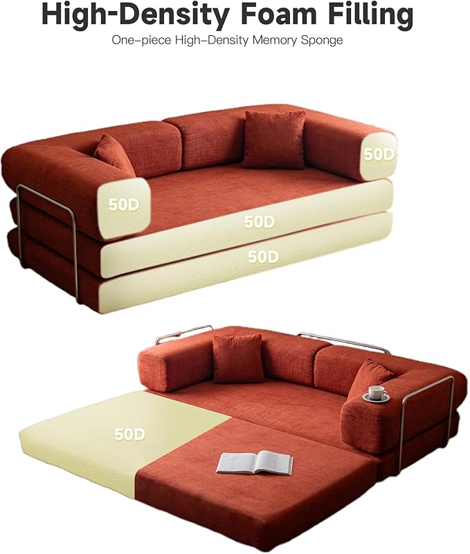 No Assembly Convertible Sofa Bed & 79" Boneless Couch with Pocket , 5-in-1 Futon Sofa Bed with 2 Pillows Modular Pull Out Couch Bed with Frame,Compression in Box for Living Room Small Spaces Orange