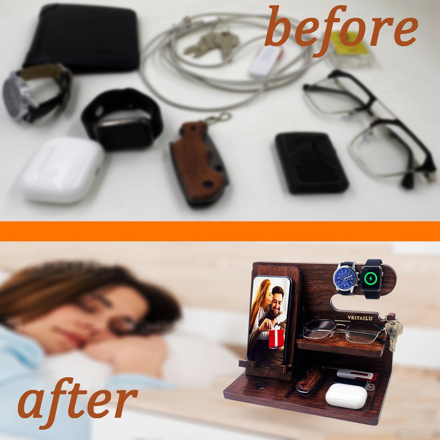 VEIYAILU Gifts for Men Women Brother Boss Boyfriend Him Nightstand Organizer Gifts for Dad from Daughter Son Wood Phone Docking Station (Dark Brown)