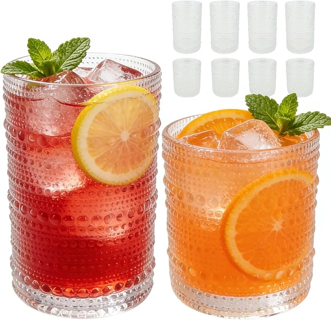 JYlanglin Hobnail Drinking Glasses Set of 8，Includes 12-ounce beer glasses and 10-ounce cocktail glasses.Kitchen Water Gla...