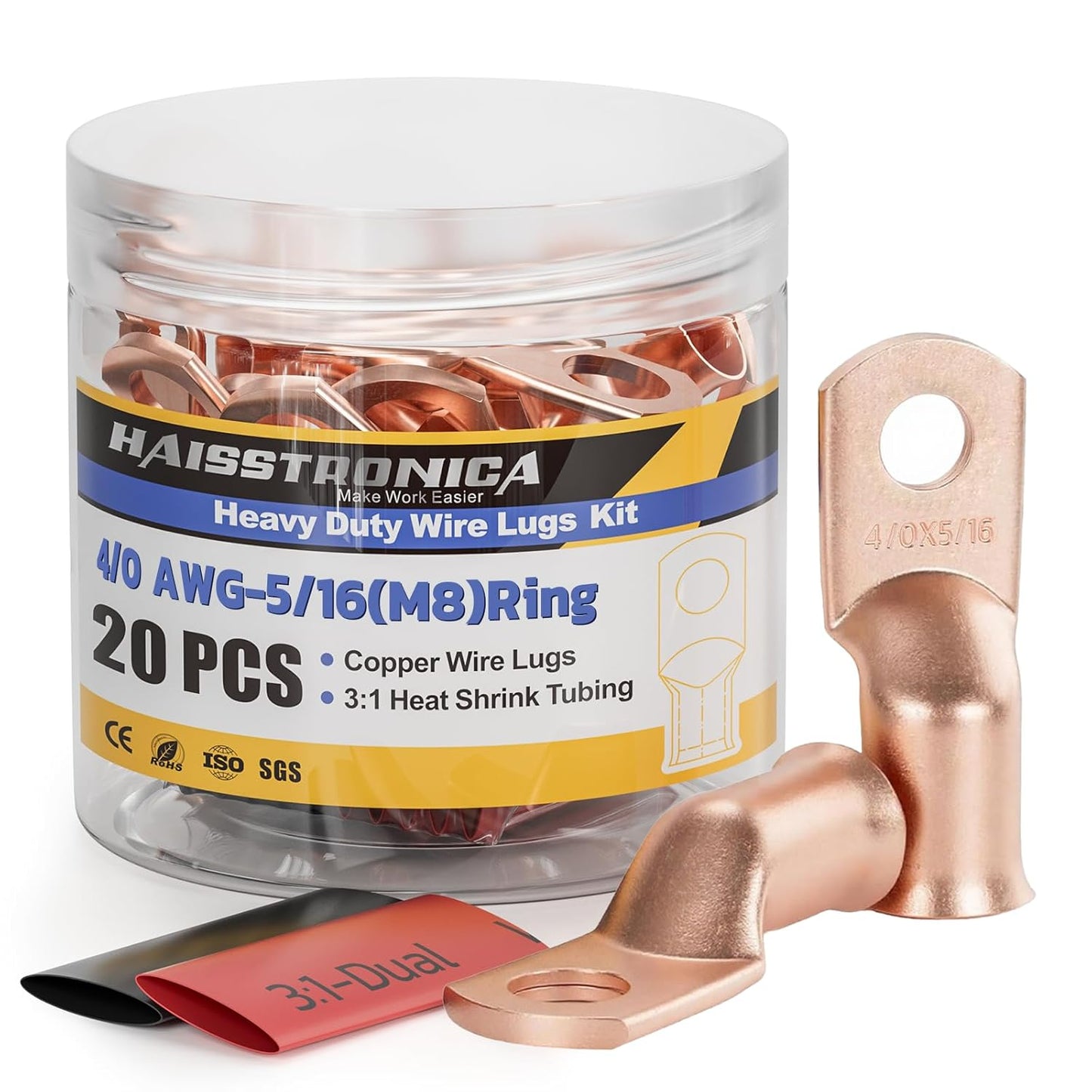 haisstronica 10pcs 4/0 AWG - 5/16"(M8) Battery Cable Lugs, Heavy Duty Copper Wire Lugs with 10pcs 3:1 Adhesive Heat Shrink Tubing, 0000 Gauge Wire Lugs, Battery Terminal Connector, Battery Cable Ends