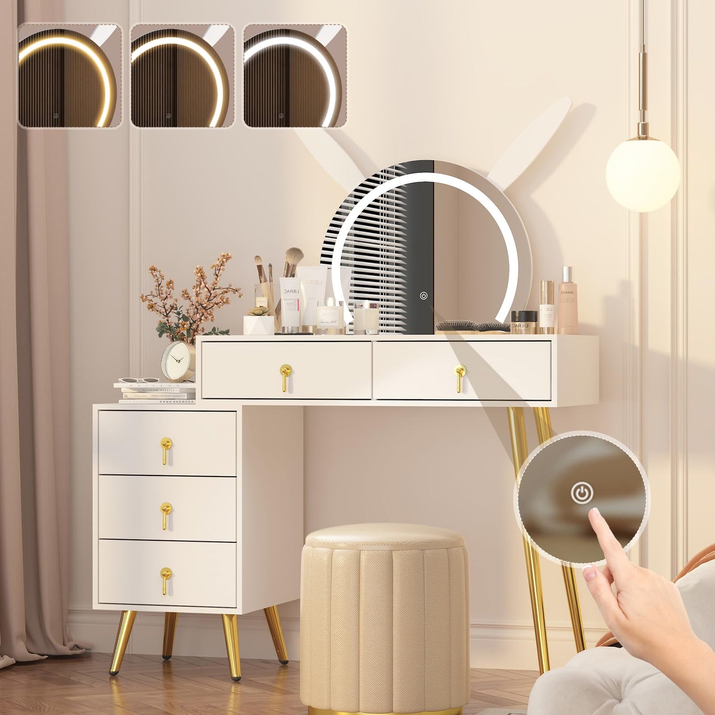 MUSSTUFIC Vanity Desk with Mirror and Lights,Makeup Table with 5 Drawers and Led Lighted Mirror in 3 Colors for Bedroom,Dressing Table(White)