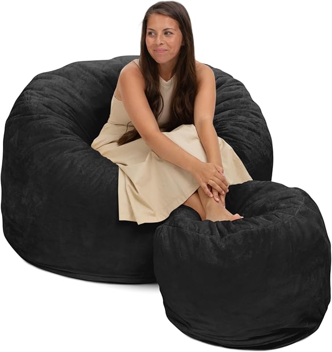 ULTIMATE SACK 4000 4-Foot Bean Bag Chair with Footstool, Charcoal Fur Cover – Oversized Foam Lounger, Floor Seat, Small Sofa, or Couch Bed for Living Area, Gaming Room, or Reading Lounge