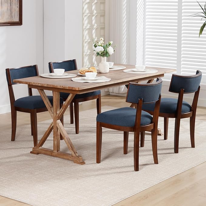 DM Furniture Upholstered Dining Chairs Set of 2 Farmhouse Kitchen Chairs with Solid Wood Legs Comfy Linen Accent Chair Modern Armless Side Chair for Dining/Living Room/Restaurant, Space Saving, Blue