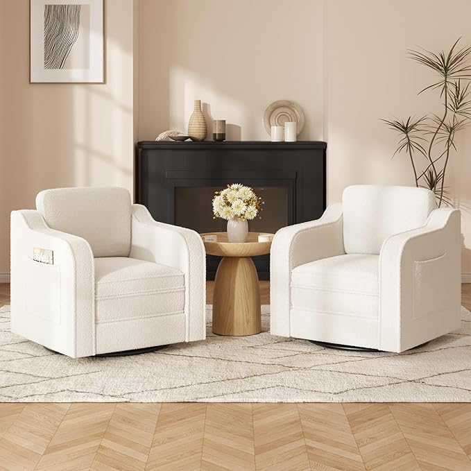 FiveWillowise Swivel Accent Chair Set of 2 for Living Room, 30 Inches Barrel Upholstered Armchair, Cozy Modern Arm Chair Single Sofa for Bedroom, Apartment, Reading Room, White