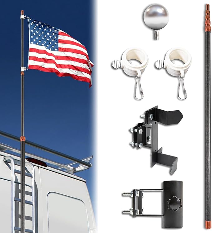 Telescoping Flag Pole, RV Ladder Flag Pole Kit, Carbon Fiber Tailgate Flagpole - 20ft Adjustable, Upgraded Metal Hook, Sui...