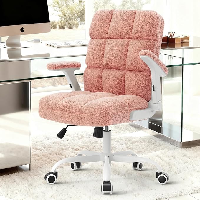 SEATZONE Pink Office Chair Ergonomic Computer Desk Chair with Wheels,Faux Fur Comfy Office Chair for Women and Girls,Teddy Fleece Material