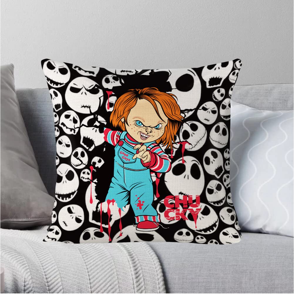 Chucky Pillow Cover Classic Horror Movie Halloween Pillow Cover Creepy Pillowcase Horror Halloween Decorations Skeleton Skull Throw Cushion Cover Cotton Linen Pillowcase 18 x 18 Inch, No Pillow Insert