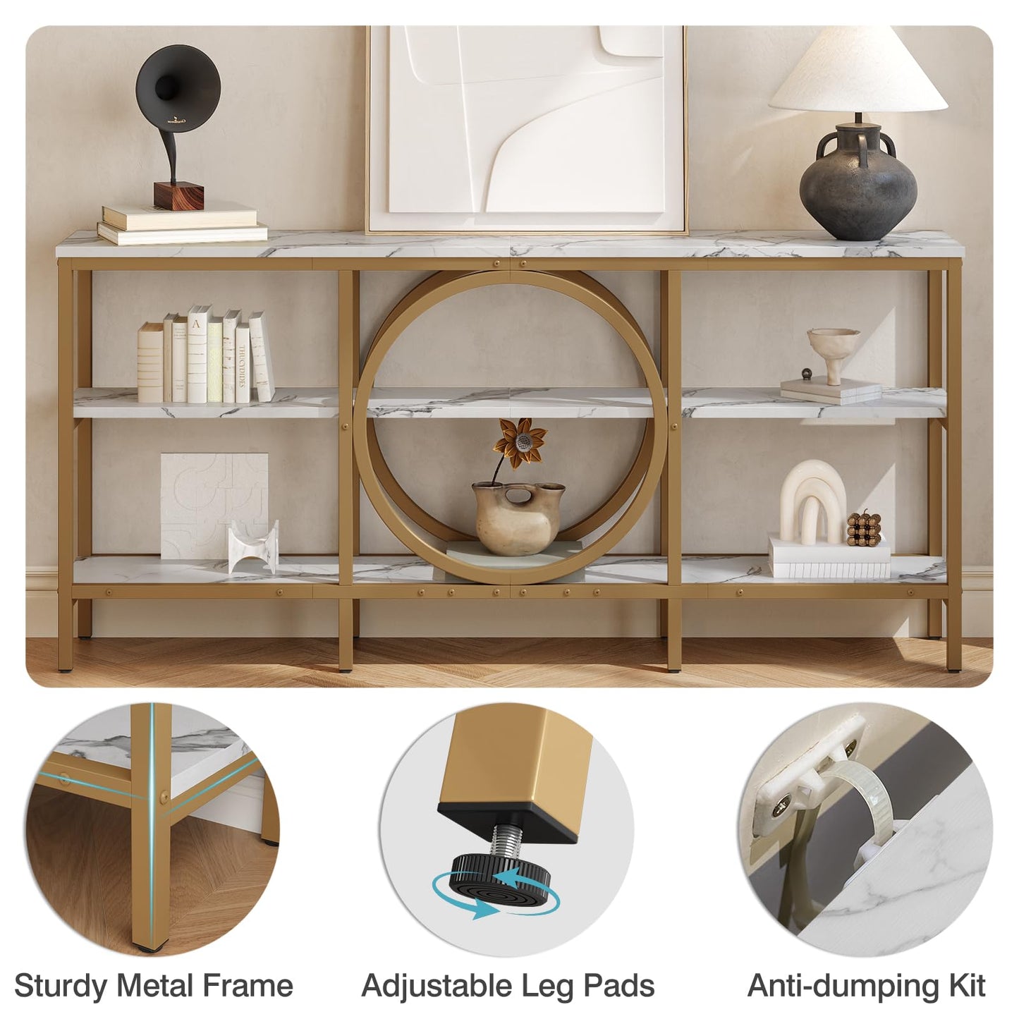 Tarnorci Modern Console Table, 3-Tier Entryway Table with Storage Shelf, 66.9‘’ White Wood Living Room Furniture Bright Decor, Hallway Table for Behind Couch (White+Champagne Gold)